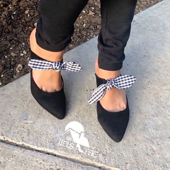 Black Gingham Bow Strap Kitten Heel Mule Pumps - Picture 5 of 8